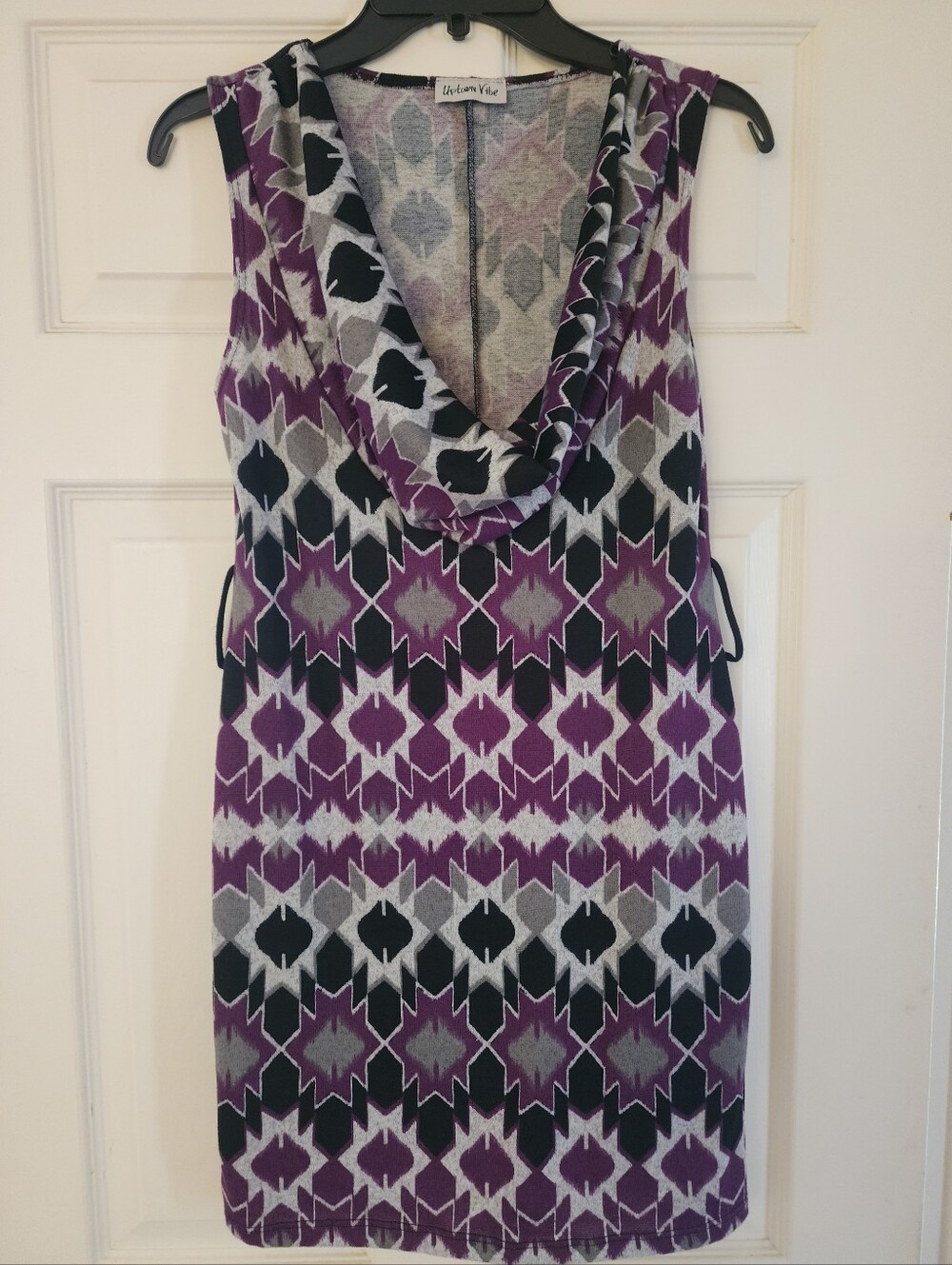 Purple, Black & Gray Geometric Cowl Neck Midi Dress